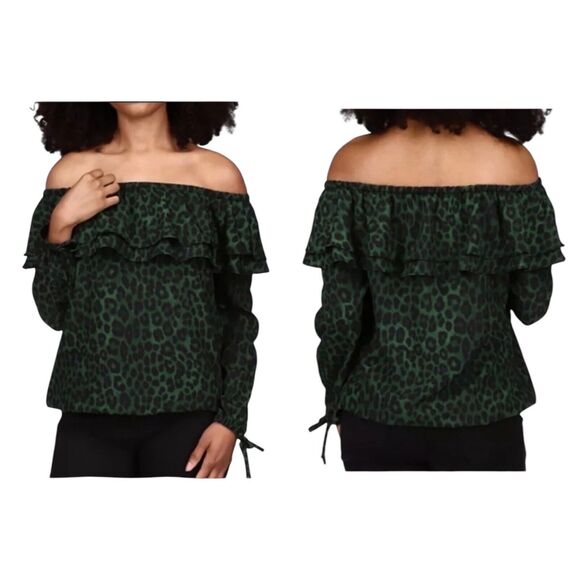 Michael Kors Green Cheetah Animal Print Off the Shoulder Ruffle Top 1X 2X READ - Picture 1 of 14